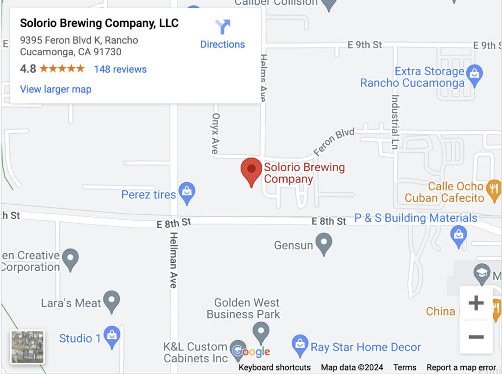 Map of brewery location at 9395 Feron Blvd K, Rancho Cucamonga, CA 91730